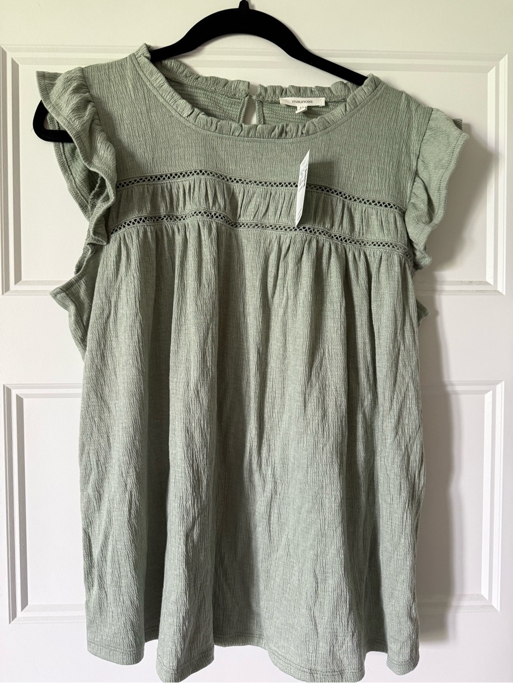 Maurices Light Sage Ruffle Sleeve Lace-Trim Blouse